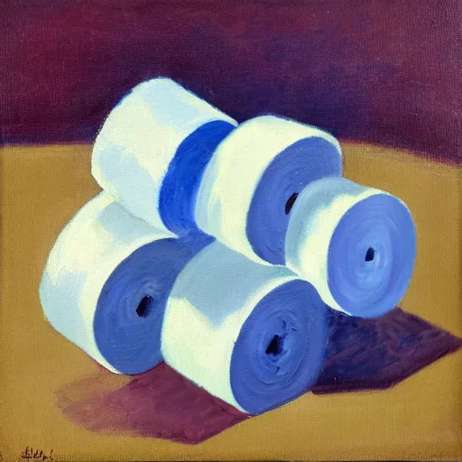 Prompt: a painting of a roll of toilet paper against a dark blue background, impressionist painting