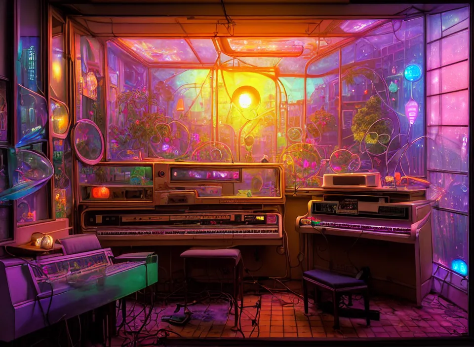 Image similar to telephoto 7 0 mm f / 2. 8 iso 2 0 0 photograph depicting the experience of chrysalism in a cosy cluttered french sci - fi ( art nouveau ) cyberpunk street in a pastel dreamstate art cinema style. ( terrarium, computer screens, window ( street ), leds, lamp, ( ( ( piano ) ) ) ), ambient light.