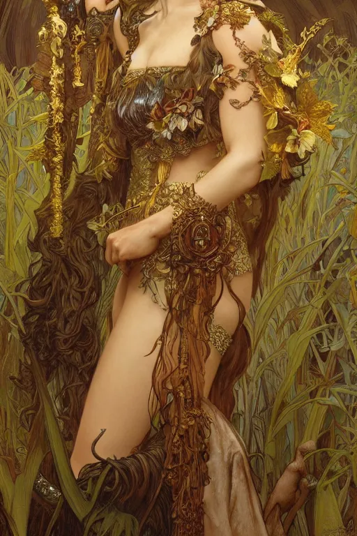 Prompt: natalie portman as queen of the jungle, full figure, painted by nekro, alphonse mucha, dark - fantasy, intricate detail, artstation, cgsociety, rococo, gold leaf art