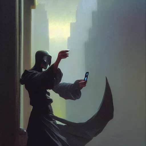 Image similar to artistic scene of a Death taking a selfie a black cloak, a rainbow in the dark, colorful, by Michael Whelan, William Adolphe Bouguereau, and Donato Giancola, highly rendered, beautiful, cyberpunk, moody lighting, glowing light and shadow, atmospheric, shadowy, cinematic, 8K