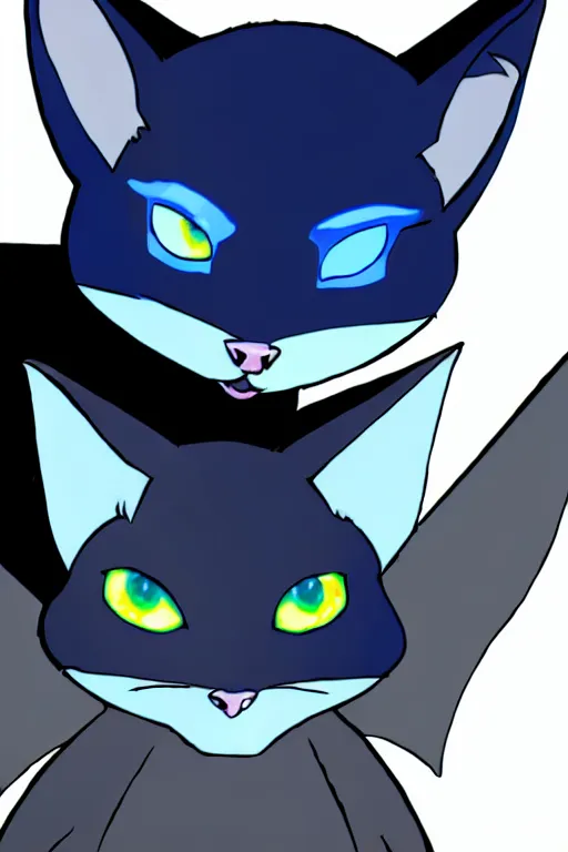 Image similar to a blue - and - black male catbat fursona with blue / green heterochromatic eyes ( differently - colored eyes, one green, one blue ) and huge bat ears, photo of the catbat streaming on his computer