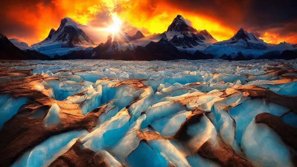 Image similar to amazing landscape photo of a glacier by marc adamus, beautiful dramatic lighting