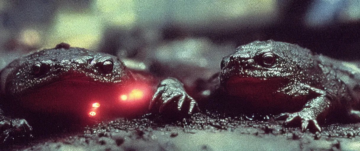 Image similar to Close up of a happy Lepidobatrachus laevis facing the camera in a still from the movie Blade Runner (1982), high quality, rain, rain drops, cold neon lighting, 4k, night, award winning photo, beautiful