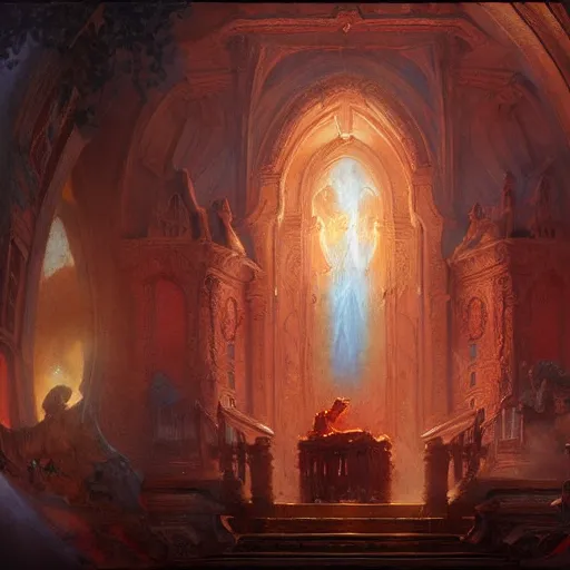 Image similar to a chapel's ceiling is broken in half as a red magical portal from hell opens up there. highly detailed painting by gaston bussiere, greg rutkowski, craig mullins 8 k