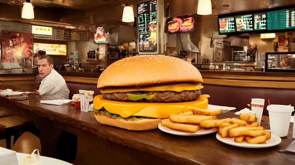 Image similar to the giant cheeseburger at the fast food place, film still from the movie directed by denis villeneuve and david cronenberg with art direction by salvador dali, wide lens