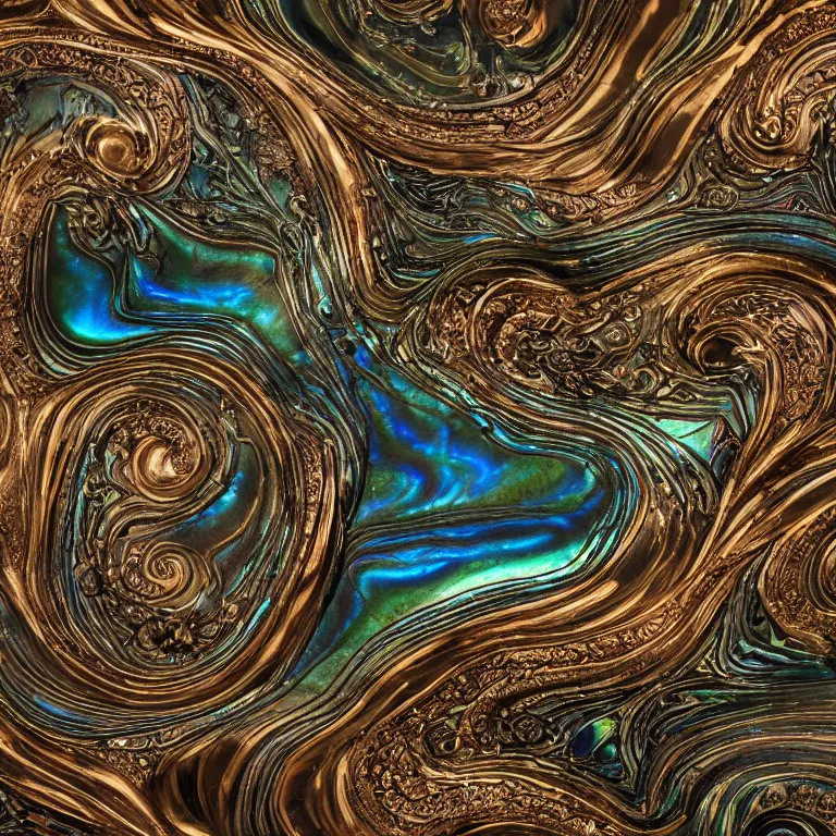 Image similar to Art Nouveau cresting oil slick waves, hyperdetailed bubbles in a shiny iridescent oil slick wave, black opal, abalone, paua shell, ornate copper patina medieval ornament, rococo, oganic rippling spirals, octane render, 8k 3D