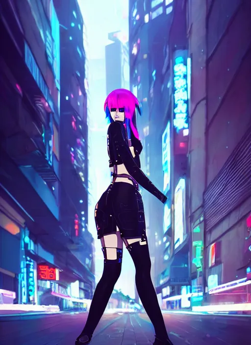 Prompt: hyper realistic photograph portrait of cyberpunk pretty girl with blue hair, wearing a sexy leather outfit, in city street at night, by makoto shinkai, ilya kuvshinov, lois van baarle, rossdraws, basquiat