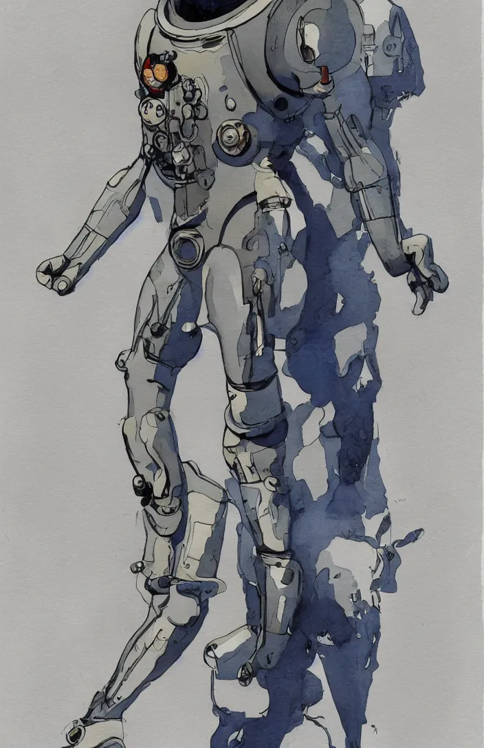 Image similar to male, full body, modern space suit, very stylized character design, large shoulders, short torso, long thin legs, tiny feet, character sheet, science fiction, hyperdetailed, technical suit, space marine, watercolor digital painting, by mike mignola, by alex maleev, jean giraud, painted by leyendecker