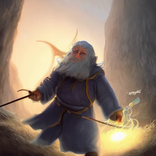 Image similar to Ralph Wiggum as Gandalf, fighting the Balrog in Moria, cinematic art, style of Artgerm and Greg Rutowski, digital painting, high detail