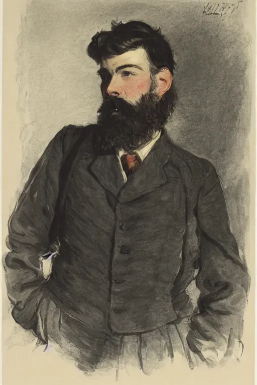 Prompt: portrait of josh hartnett as a jolly edwardian gentleman vermillion military jacket and uniform facial hair full beard glasses dark long hair deep eyes cheeky by walter sickert, john singer sargent, and william open