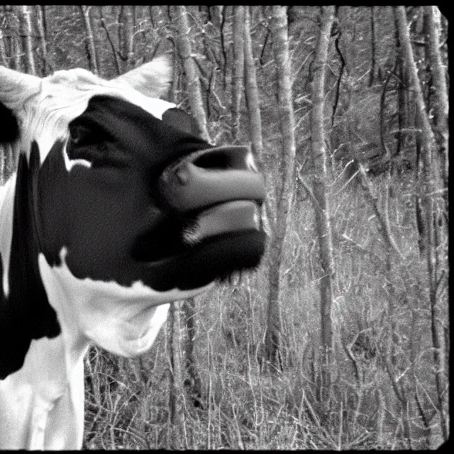 Image similar to trail cam infrared footage grainy VHS of smiling grinning wide-eyed cow-man