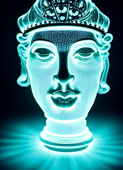 Prompt: ( queen chess piece, bioluminescence, beautiful face, reflection of led lights, intricate detail, very detailed, highly detailed background, sharpfocus, photorealism, soft diffuse autumn lights, some sun light ray, dark room wall, canon 5 d 5 0 mm lens