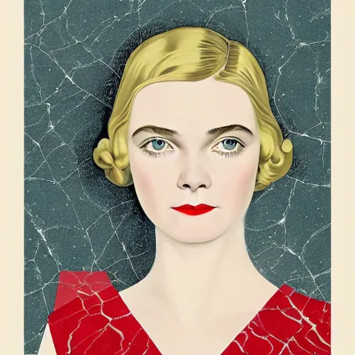 Prompt: professional painting of Elle Fanning in the style of Coles Phillips, head and shoulders portrait, symmetrical facial features, smooth, sharp focus, illustration, intricate, stormy weather, extremely detailed masterpiece,