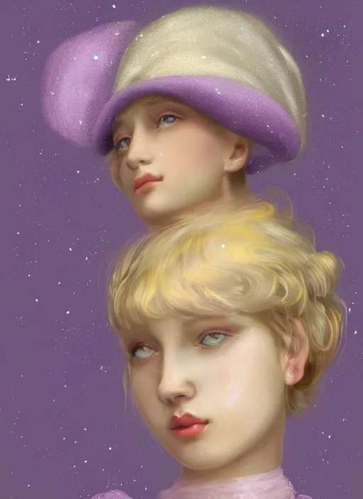 Image similar to A painting of a beautiful and mysterious young girl with short blond hair wearing an oversized purple Beret, Baggy Purple overall shorts, Short Puffy pants made of silk, silk shoes, a big billowy scarf, Golden Ribbon, and white leggings Covered in stars. Short Hair. Sunlit. Haute Couture. Dreamlike. Cloudscape. Fantasy Illustration. Art by william-adolphe bouguereau and Alexandre Cabanel and Anna Dittmann and WLOP and Artgerm and Johannes Helgeson. Smooth. Elegant. Highly Detailed. Intricate. 4K. UHD. Denoise.