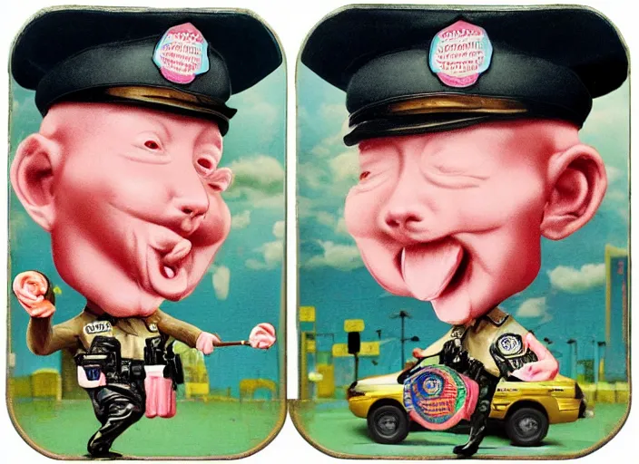 Prompt: a donut police officer, lowbrow, matte painting, 3 - d highly detailed, in the style of mark ryden,