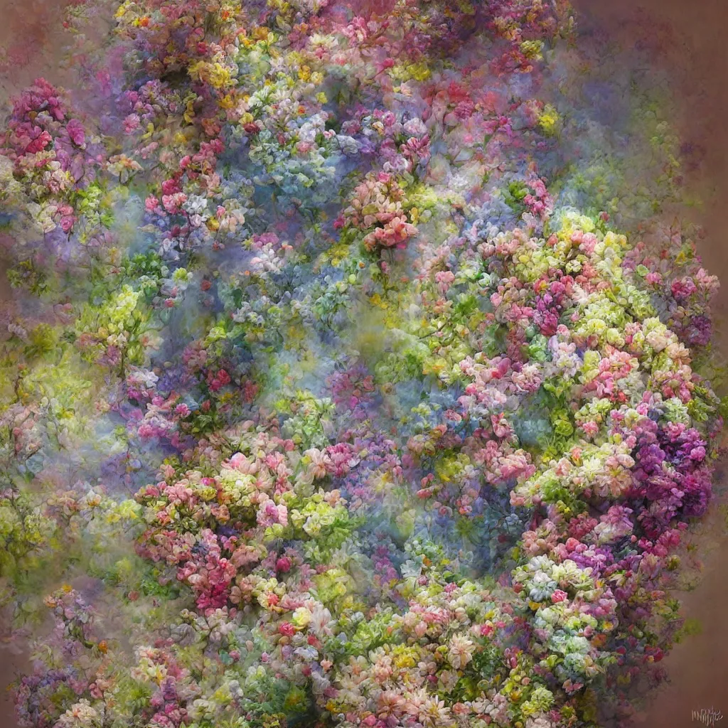 Prompt: This painting is a large canvas, covered in a wash of color. In the center is a cluster of flowers, their petals curling and twisting in on themselves. The effect is ethereal and dreamlike, and the overall effect is one of serenity and peace. kokedama by Nikolina Petolas, by Krenz Cushart, by Syd Mead wondrous