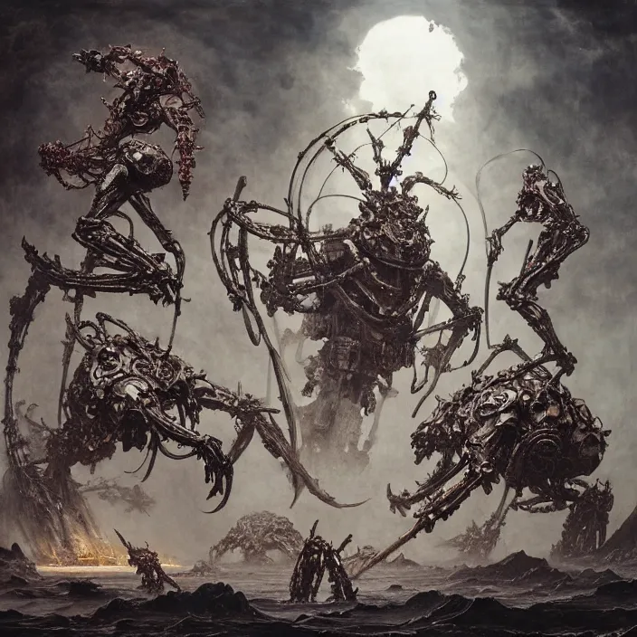 Image similar to still frame from Prometheus by Jakub Rozalski and utagawa kuniyoshi, infinite Hell Scape with gigantic mecha demon and ornate bone cyborgs by Wayne Barlowe by peter Mohrbacher by Giger, dressed by Alexander McQueen and by Neri Oxman, metal couture hate couture editorial