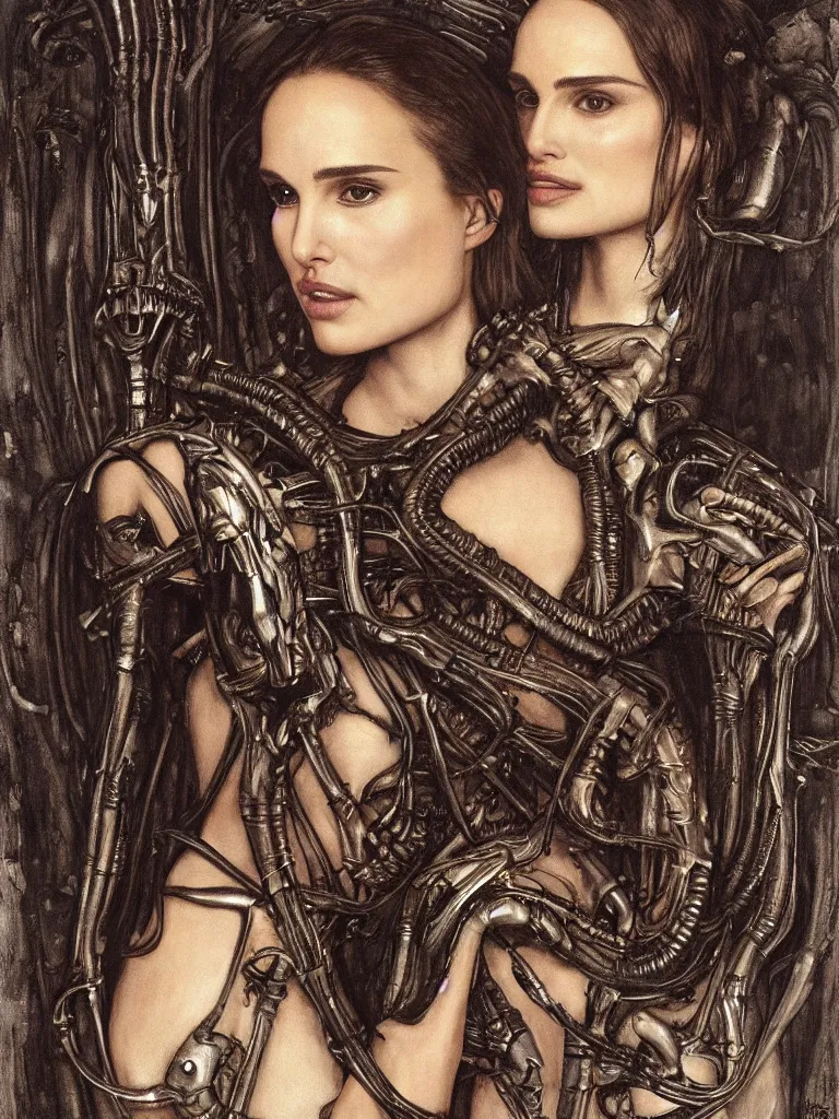 Image similar to a beautiful portrait of natalie portman with a xenomorph queen by h.r. giger and by arthur rackham and by john william waterhouse, detailed, proportional, trending on art station, 4k