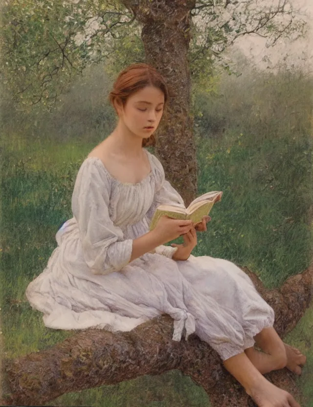 Image similar to peasant girl sitting on a tree and reading a book, polaroid photo bleached vintage pastel colors high - key lighting, soft lights, foggy, by steve hanks, by lisa yuskavage, by serov valentin, by tarkovsky, detailed, oil on canvas