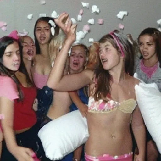 Prompt: Jeffrey Epstein having a pillow fight with teenager girls at a slumber party