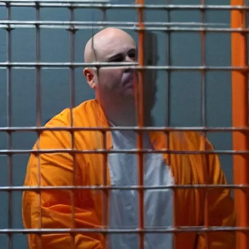 Image similar to fat and bald donald trump wearing orange jumpsuit behind bars in prison