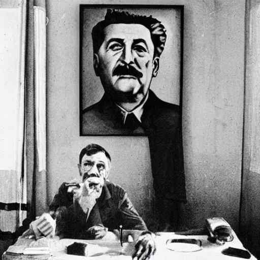 Prompt: homo soveticus living in ussr on the flat with portrait with stalin