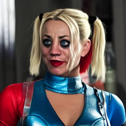 Image similar to A still of Kaley Cuoco as Harley Quinn