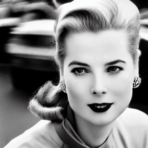 Image similar to selfie smartphone photo of a young Grace Kelly at the Monaco Gran Prix, F1 cars blurred in background, iphone photo, smartphone resolution, low resolution camera