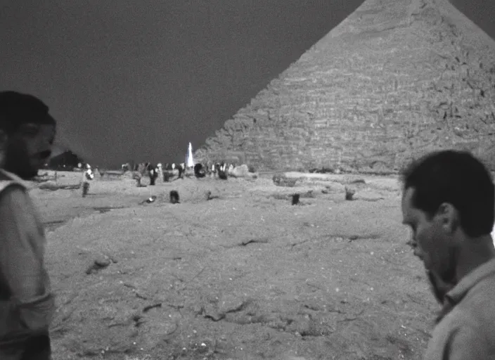 Prompt: people looking at pyramid burning in Cairo, film grain, andrei tarkovsky, evening