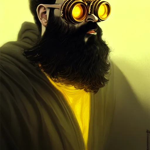 Image similar to bearded man with extremely large and intricate haircut with angry yellow eyes and slim features looking askance, eye cyberpunk bionics, retro futurist style, intricate, elegant gleaming intricate baroque jewelry, angelic halo, highly detailed, digital painting, artstation, concept art, smooth, sharp focus, illustration, art by wlop, mars ravelo and greg rutkowski,