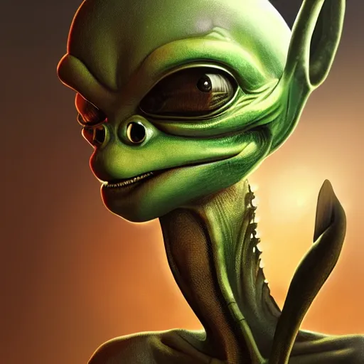 Image similar to pepe as alien game character, 3d, realistic, hyper details, dramatic light, wide angle, artstation