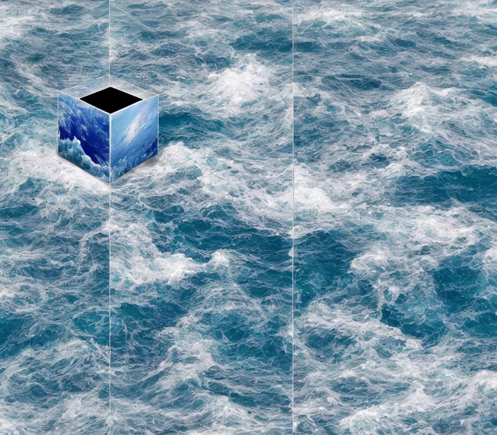 Image similar to a cube in the middle of the ocean with images of a tumultuous sea on its sides. In the style of Johan Karlsson