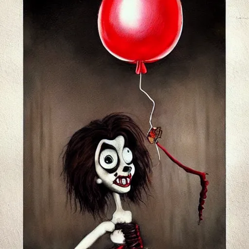 Image similar to grunge painting of the conjuring with a wide smile and a red balloon by chris leib, loony toons style, pennywise style, corpse bride style, horror theme, detailed, elegant, intricate