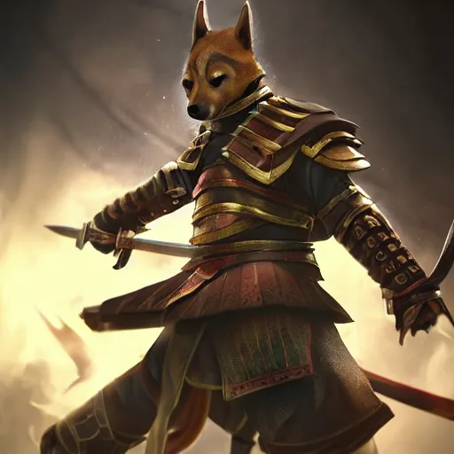 Prompt: shiba inu samurai warrior as a league of legends character, michael maurino, alex flores, paul kwon, cinematic, highly detailed, concept art, 3 d cgi, dramatic lighting, focus, smooth, heroic, hyper realistic background