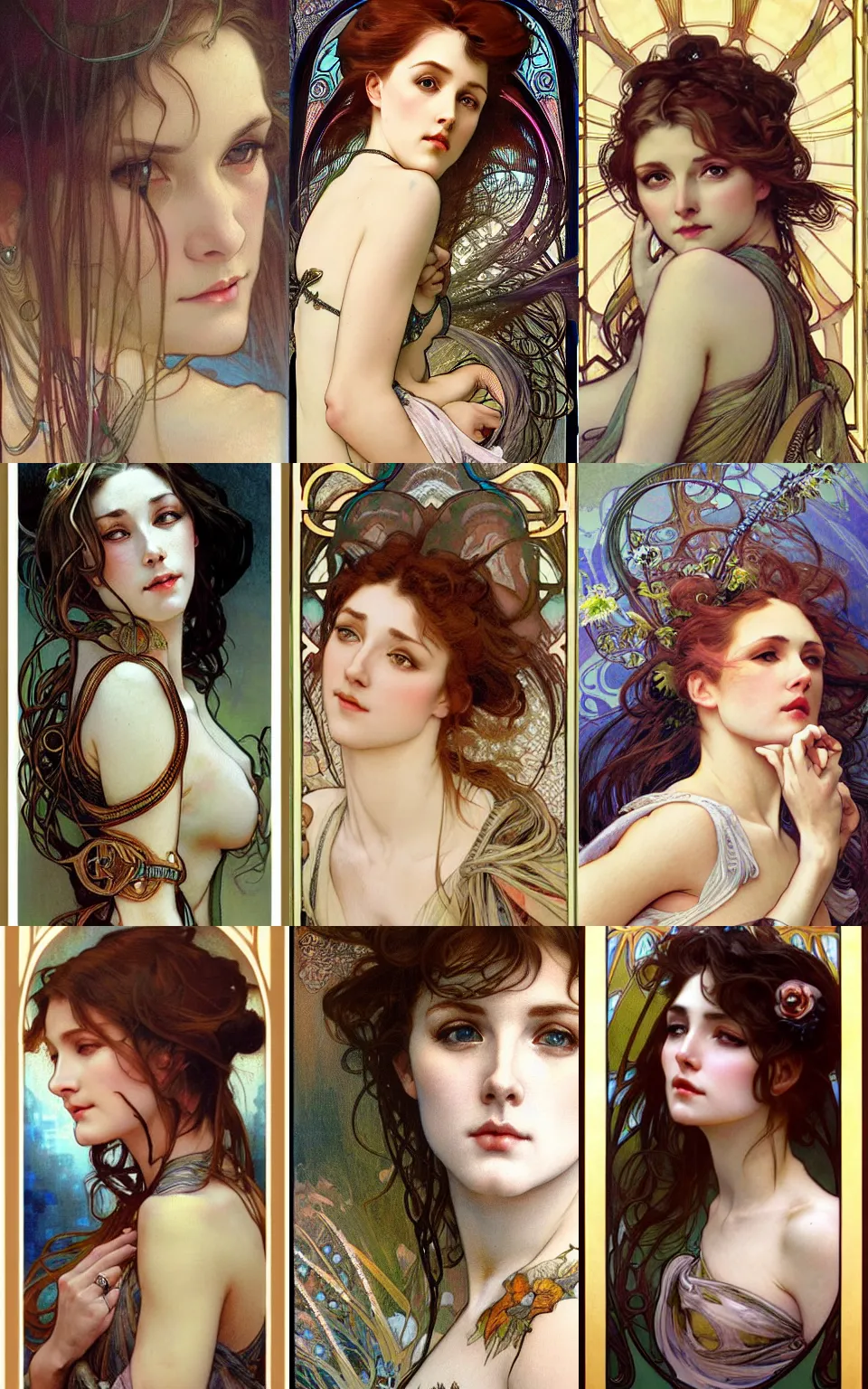 Prompt: hyper-realistic detailed face portrait of attractive mature woman in her 20s by Alphonse Mucha, Ayami Kojima, Amano, Charlie Bowater, Karol Bak, Greg Hildebrandt, Jean Delville, and Mark Brooks, esperesso skintone, Art Nouveau, Neo-Gothic, gothic, rich deep moody colors