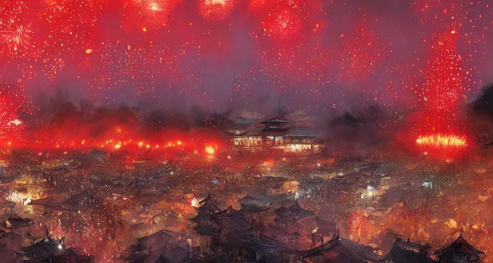 Image similar to craig mullins and ghibli digital art of zhongyuan festival in china ， red lanterns in the sky, black night sky, stars, fireworks, below is the crowd, fireworks, rivers, villages ， unreal engine, hyper realism, realistic shading, cinematic composition, realistic render, octane render, detailed textures, photorealistic, wide shot