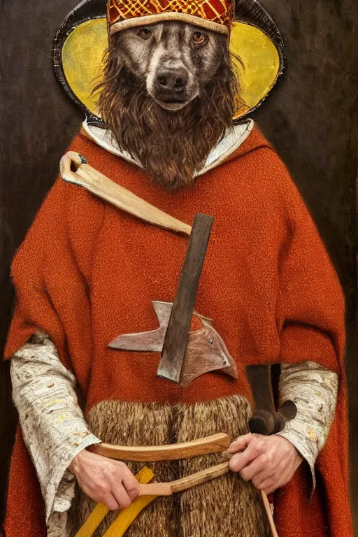 Image similar to Slavic dog head man, woolen torso in medieval clothes, Orthodox Saint Christopher, oil painting, hyperrealism, beautiful, high resolution, trending on artstation, with an axe,