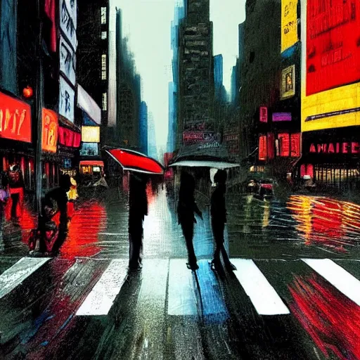 Prompt: a busy crosswalk on a rainy street in new york with lots of people walking around at night with advertisement neon lights on the buildings around it, painting by banksy, banksy art, high detail, smooth, beautiful, aesthetic,