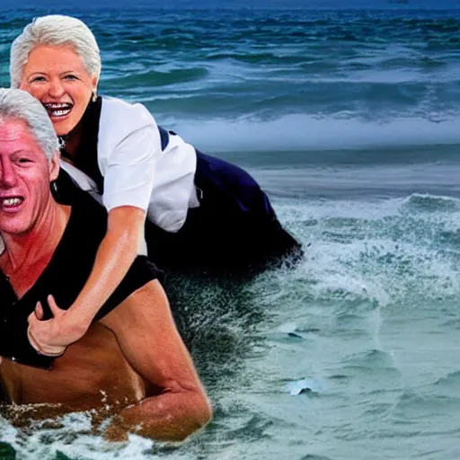 Prompt: bill clinton laughing hysterically while piggyback riding jeffrey epstein on an island, hyper realistic