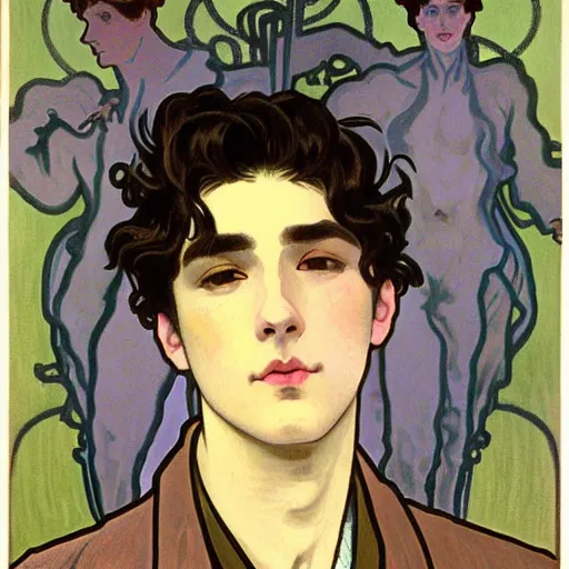 Image similar to painting of young cute handsome beautiful dark medium wavy hair man in his 2 0 s named shadow taehyung and cute handsome beautiful min - jun together at the graveyard party, ghostly, haunted graveyard, ghosts, autumn! colors, elegant, wearing suits!, clothes!, delicate facial features, art by alphonse mucha, vincent van gogh, egon schiele