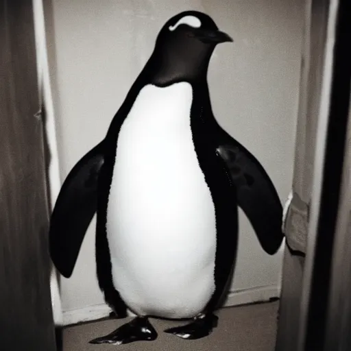 Prompt: grainy photo of a penguin as a creepy monster in a closet, harsh flash