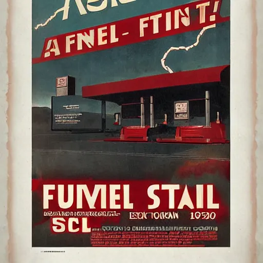 Image similar to a fuel station in the style of a 1 9 2 0 s sci - fi poster, reuben wu, roger deakins, h 1 0 2 4