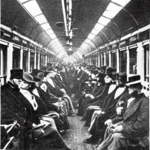 Image similar to an old historical photo of commuters in the train to new york, 1 8 9 0, everybody is looking on their smartphones