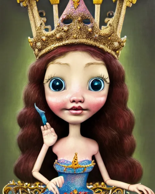 Image similar to closeup profile portrait of a tin toy fairytale princess wearing a crown and sitting on a throne, bikini, hyper realistic, artstation, illustration, concept art by nicoletta ceccoli, mark ryden, lostfish, dan decarlo, bob clampett, max fleischer, digital paint, matte paint, washed colors, dark, gloomy, detailed and intricate environment
