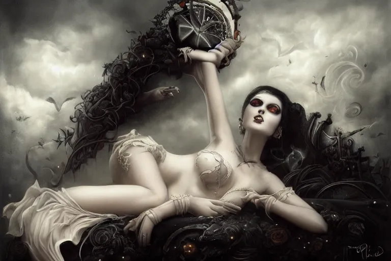 Prompt: By Tom Bagshaw, ultra realist soft painting of curiosities carnival by night, very beautiful horn single female gothic wearing corset sleeping on a overlord of the dead bed, symmetry features, very intricate details, omnious sky, black and white, volumetric light clouds