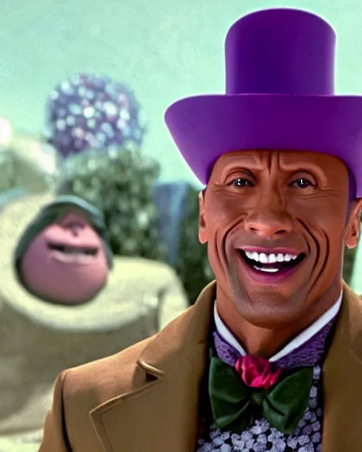 Image similar to Film still of Dwayne Johnson as Willy Wonka from the movie Willy Wonka & The Chocolate Factory