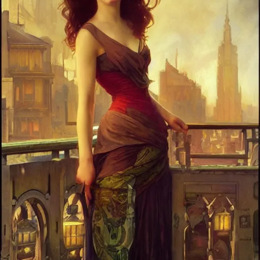 Prompt: a young vivian leigh, city background, dramatic lighting, high detail, painted, by greg rutkowski, painted by stanley artgerm, painted by alphonse mucha, trending on artstation