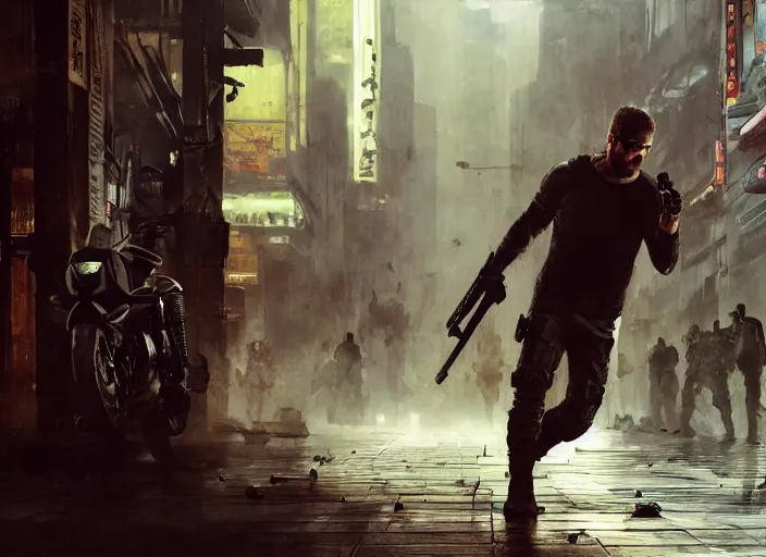 Image similar to sam fisher evading mercs ( blade runner 2 0 4 9, dystopian, cyberpunk 2 0 7 7 character design ). orientalist portrait by john william waterhouse and james gurney and theodore ralli and nasreddine dinet, oil on canvas. cinematic, hyper realism, realistic proportions, dramatic lighting, high detail 4 k