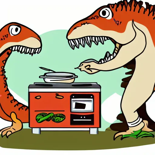 Prompt: a trex cooking dinner, illustration