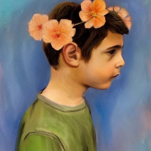 Prompt: A beautiful boy with a flower in his hair, portrait, realistic